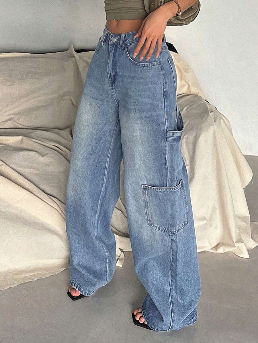 DAZY Women Fashionable Solid Color Wide Leg Jeans With Large Pockets,Baggy Jeans - Blue - View 1