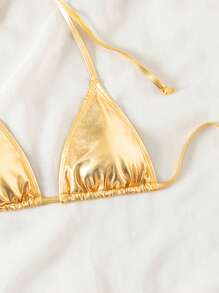 Swim SXY Summer Beach Women's Metal Texture Solid Color Sexy Halter Neck Bikini Top