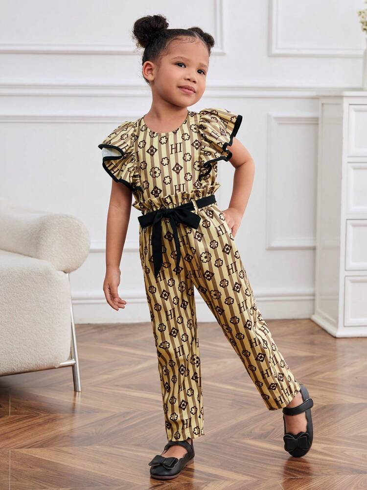 Young Girl Striped Ditsy Floral Round Neck Blouse With Ruffled Hem And Straight Pants Two Pieces Set