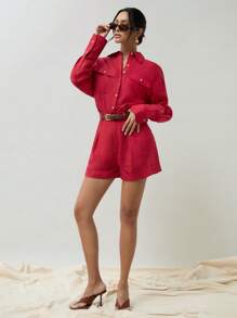 COSMINA Ladies' Solid Color Pleated Loose Casual Shorts - Red - View 5