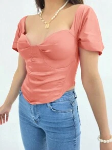 RueChic Sweetheart Neck Ruched Bust Curved Hem Blouse - Pink - View 2