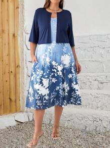 EMERY ROSE 大码女式纯色半袖开襟夹克和花卉印花连衣裙，优雅两件套 - 藍白色 - 查看 1