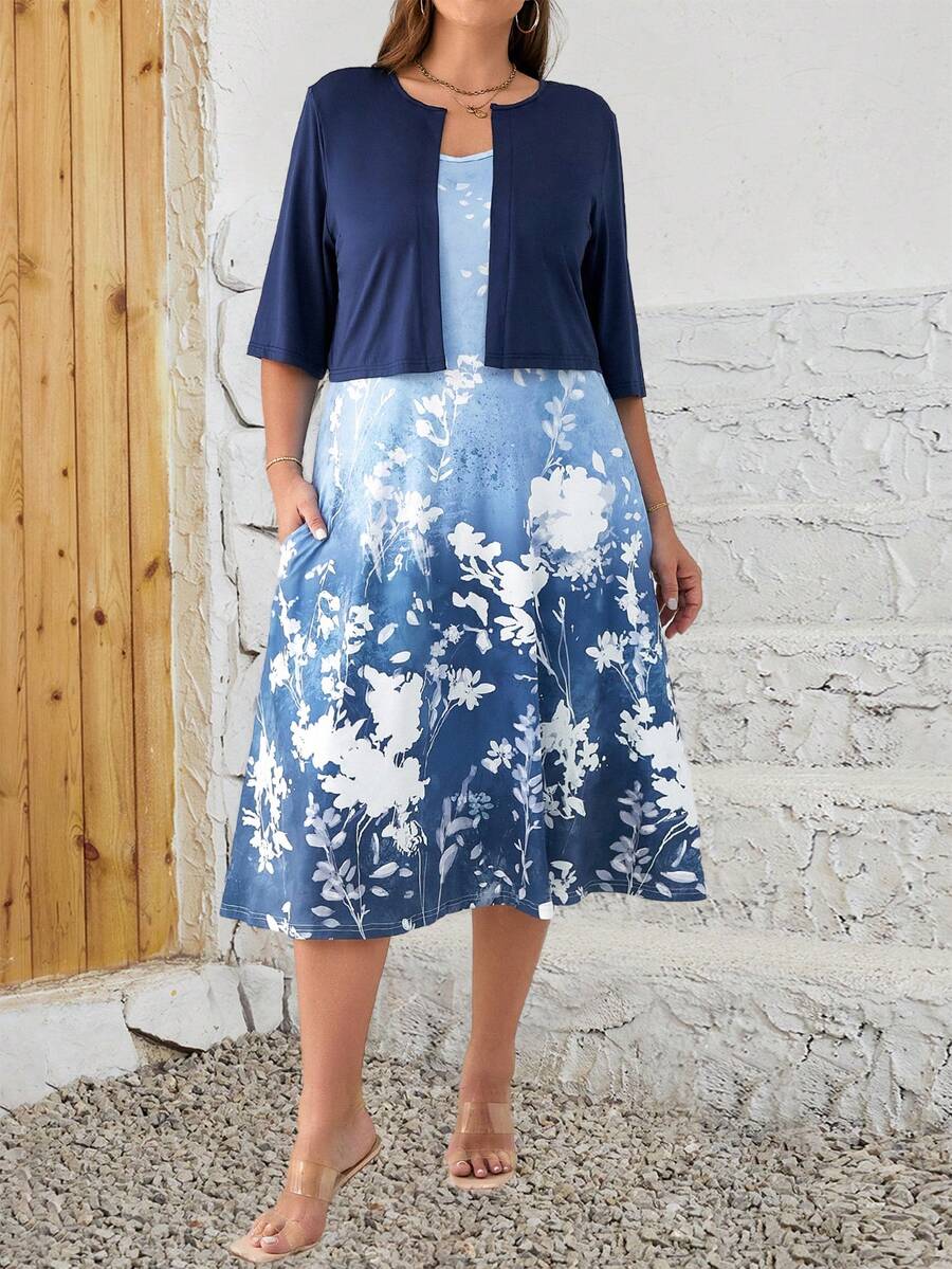 EMERY ROSE 大码女式纯色半袖开襟夹克和花卉印花连衣裙，优雅两件套 - 藍白色 - 查看 1