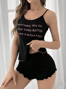Colorblock Letter Print Cami Top And Shorts Women Sleepwear Set Pajama Set Lounge Set - Black - View 3