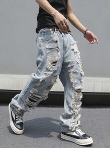 GALLERY FADE Men Fashionable Loose Fit Jeans With Grinding And Ripped Details, Frayed Jeans Plain Long Straight Leg Ripped Light Blue Cargo Jeans, For Husband, Boyfriend Gifts Going Out Hang Out College Street Work, Emo Style - Light Wash - View 3