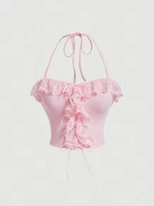 SHEIN MOD Y2K Pink Lace Bow Halter Top For Women - Pink - View 1