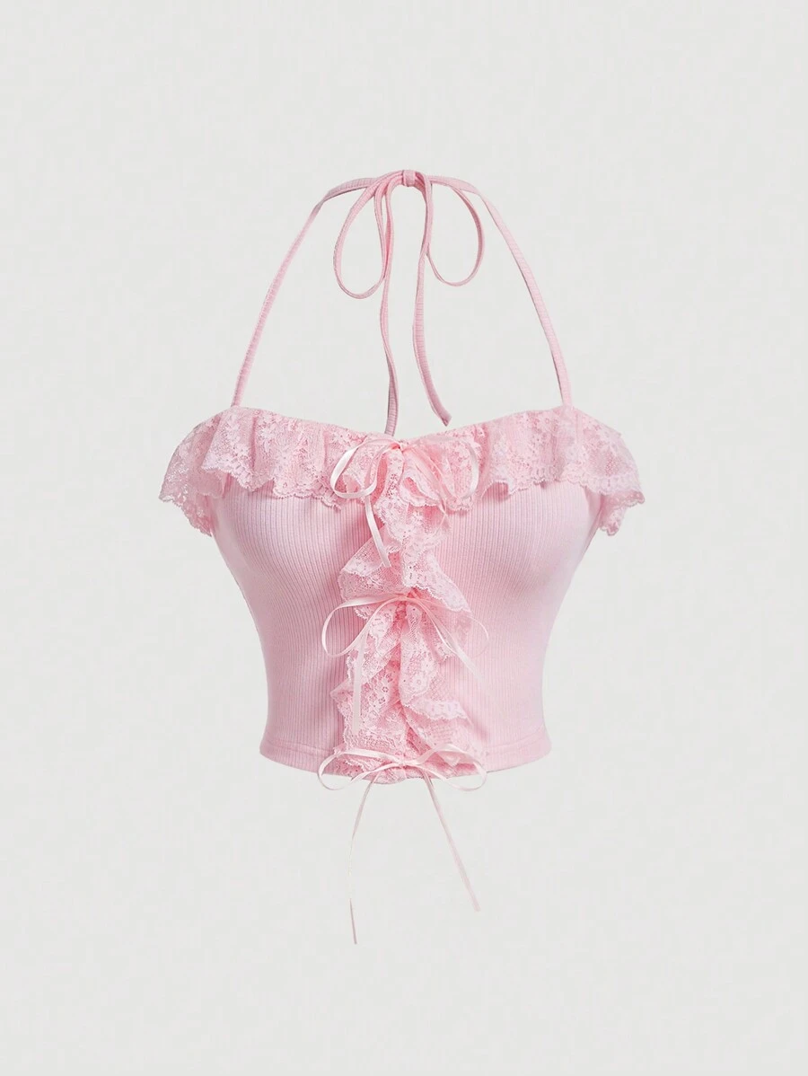 SHEIN MOD Y2K Pink Lace Bow Halter Top For Women - Pink - View 1