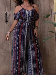 SHEIN VCAY Bộ đồ liền thân in họa tiết đầy đủ có dây đeo mảnh cỡ lớn mùa hè - Nhiều màu - Xem 2