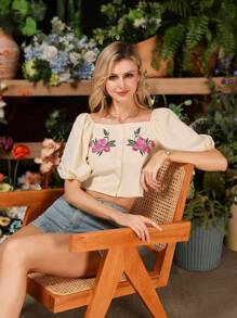 Aveloria French Elegant Embroidered Blouse With Square Neckline And Puff Sleeves