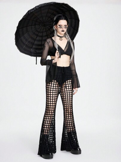 Goth Women's Sexy Hollow Out Crochet Knitted Sweater Flared Pants