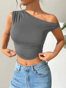 SHEIN EZwear Top corto de verano para mujer con cuello asimétrico, unicolor, pliegues y corte ajustado - Gris - Ver 3
