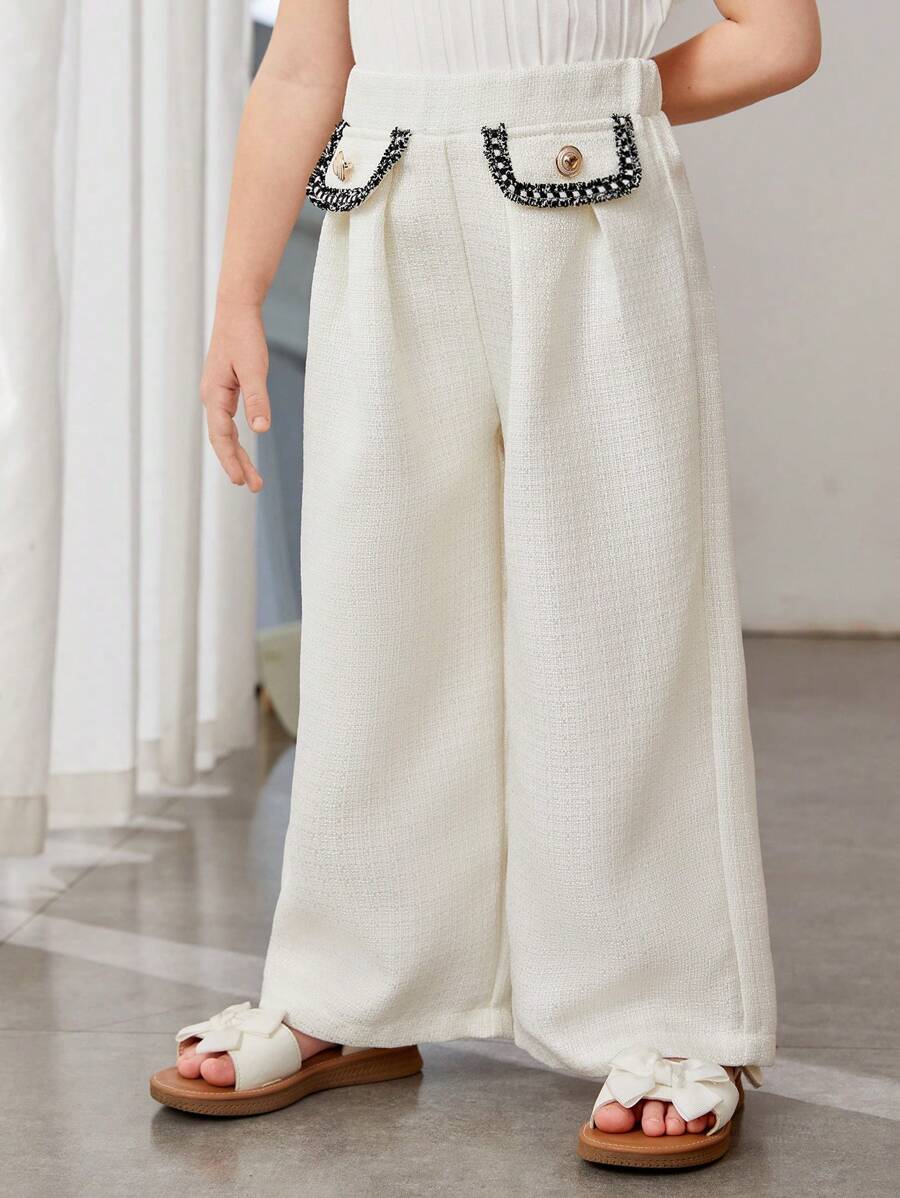SHEIN Young Girl Woven Tapes Splicing Pleated Wide Leg Pants - White - View 1