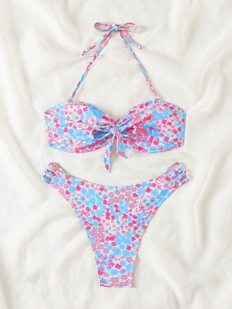 Women Floral Print Vacation Bikini Set With Twisted Knot Design And Halter Neck Strap Summer