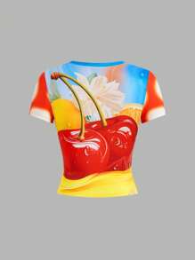 SHEIN MOD 有趣的多巴胺樱桃圖形女士t恤,夏季t恤