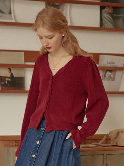 Simple Retro Women Solid Color V-Neck Knit Cardigan