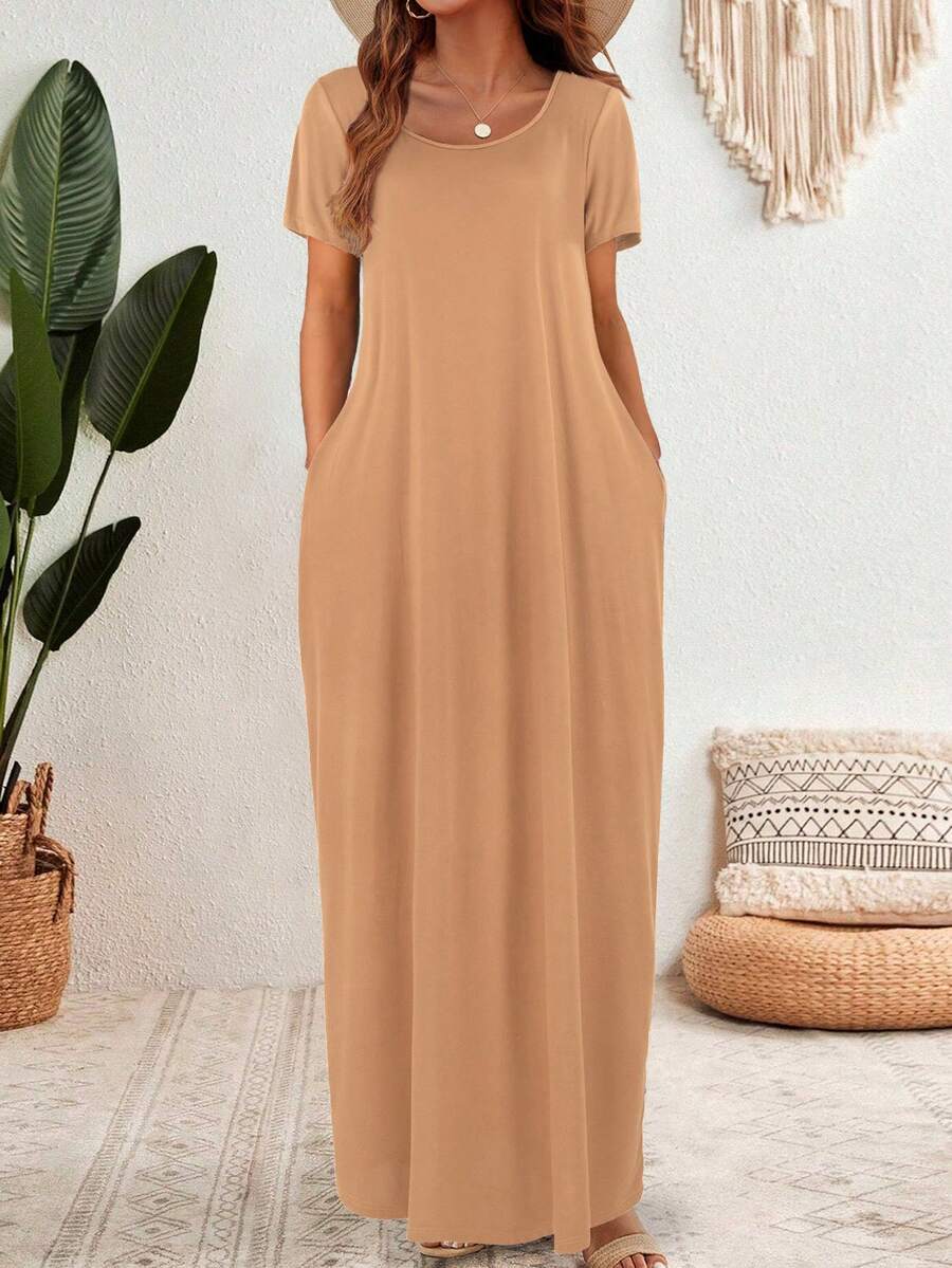 Vestido de mujer de unicolor de manga corta - Albaricoque - Ver 1