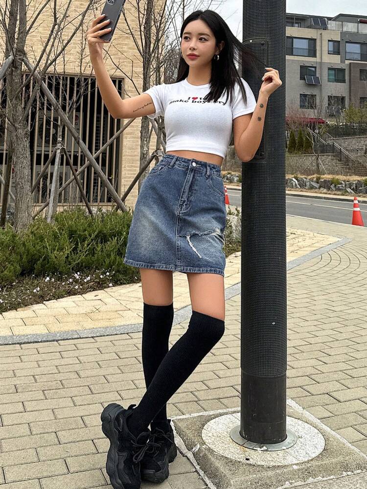 Women Retro Faded Asymmetrical Distressed Denim Skirt Jeans Skirt