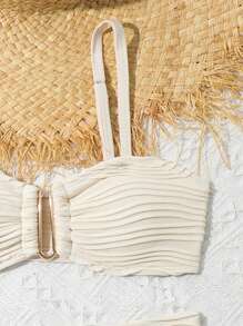 Tween Girl Fashionable Summer Solid Textured Bikini Set Summer Beach