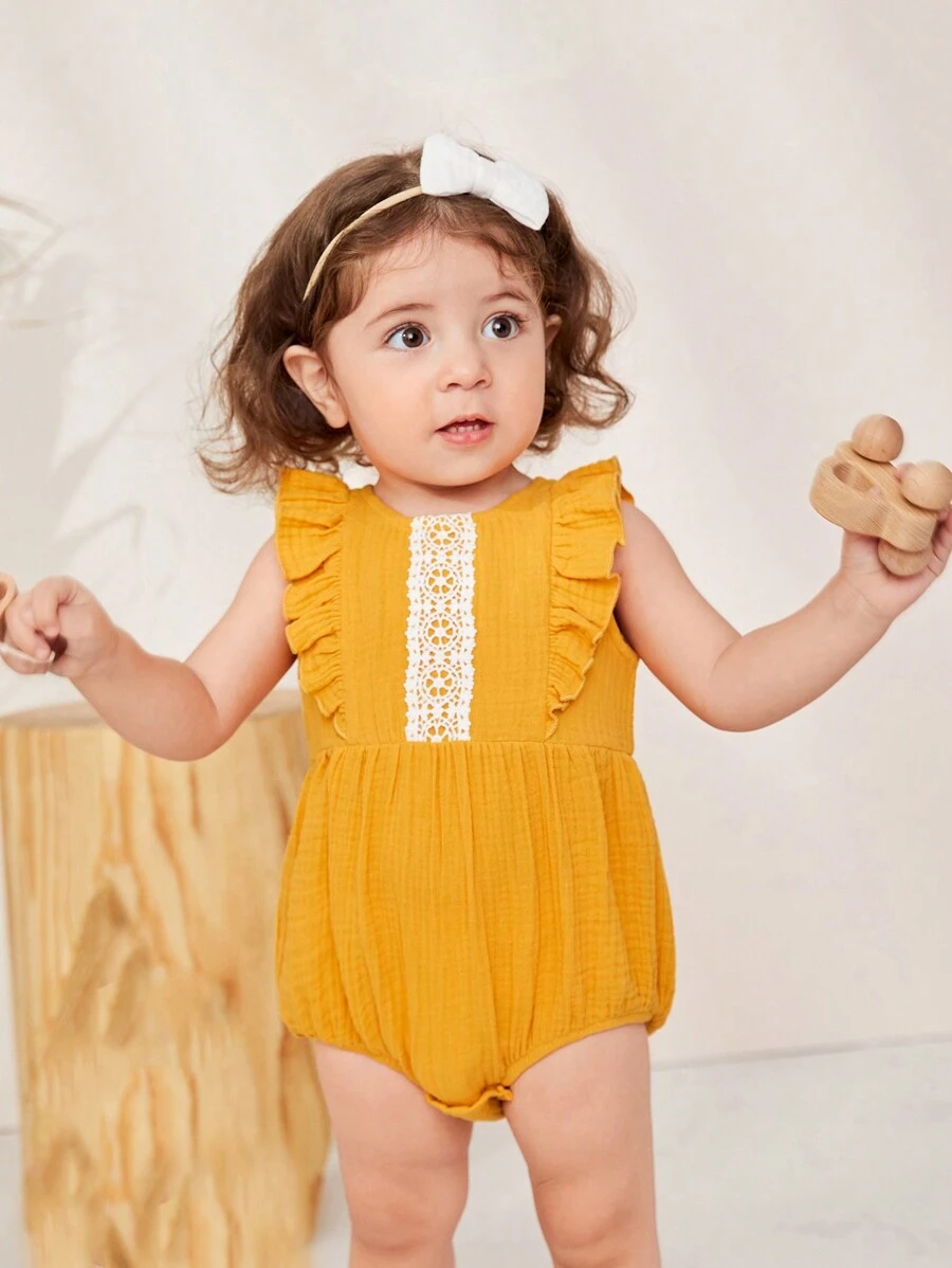 Cozy Pixies Bodysuits Em bé Tương phản ren Xù Dây kéo Khối Màu - Màu vàng - Xem 1