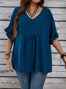 EMERY ROSE Plus Size Women's  Vacation Casual Dark Blue Mom Shirts With Ruffled Sleeves For Summer