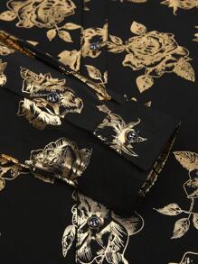男士花卉印花长袖衬衫，秋季 - 黑色和金色 - 查看 4