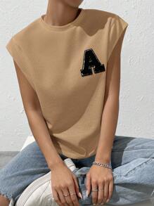 SHEIN EZwear Women Summer Round Neck Cap Sleeve Casual Loose Waffle Knit Letter Patched T-Shirt - Brown - View 3