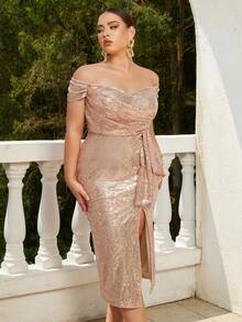 ADYCE Off Shoulder Glittery High Slit Prom Party Dress - Gold - View 3