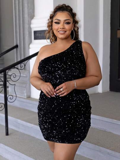 Joyfunear Vestido mini ajustado con escote asimétrico, sin espalda y con lentejuelas, talla grande