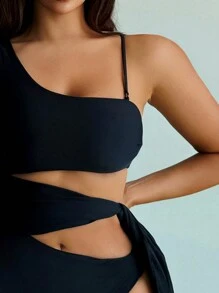 SHEIN Swim Traje De Baño De Una Pieza Con Escote Asimétrico Monocromático Para Mujer, Adecuado Para Verano, Playa, Piscina