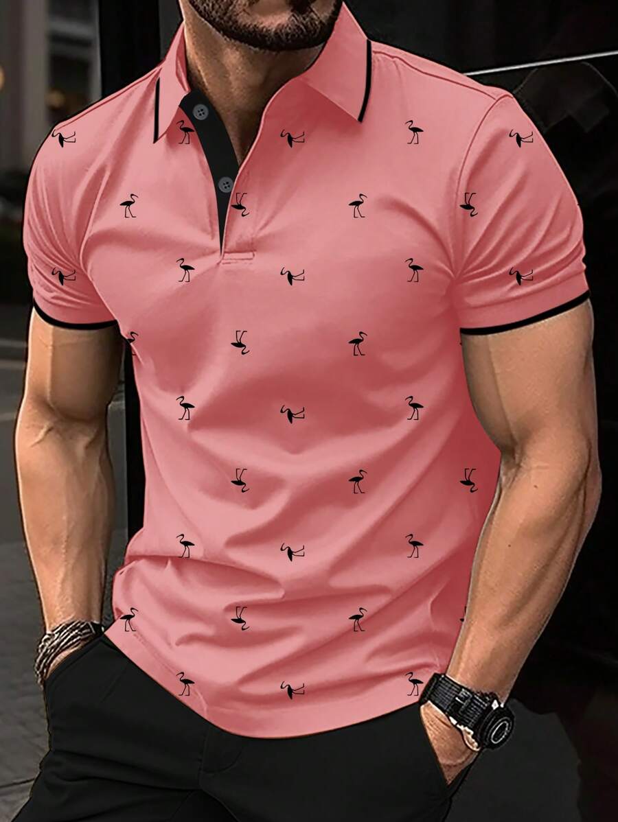 Manfinity Homme 男士夏季休閒火烈鳥印花短袖Polo衫 - 西瓜粉 - 查看 1