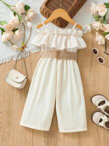 SHEIN Vintaside Kids 寶寶女孩輕鬆優雅簡約多用途無肩吊帶連身褲，春夏季 - 紫色 - 查看 2