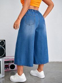 SHEIN EZwear Pantalón Vaquero Capri De Pierna Ancha Informal Y Holgado Para Mujeres De Talla Grande