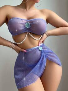 Romantic Strapless Beaded Decoration Swimsuit Top + Swimwear Bottom + See Through Pleated Split Skirt Sexy Lingerie 3-Piece Set Wireless For Rave