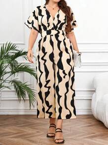Celure Plus Size Women Asymmetrical Wavy Pattern Jumpsuit - Multicolor - View 4