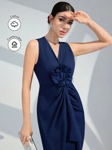 Modelyn Women's Summer Elegant Sleeveless V-Neck Dress With 3d Flower Decoration And Pleated Design, Semi Formal Dress