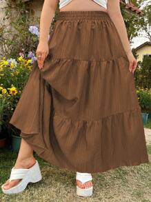 Flirla 大碼度假休閒純色褶皺裙 - 咖啡棕 - 查看 6