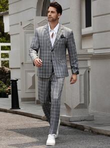 Manfinity Mode Men's Fashionable Plaid Suit Set - Grey - View 5