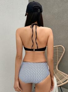 DAZY 2 件波尔卡圆点印花吊带三角文胸和比基尼泳裤套装，夏季海滩度假泳装，Tankini 泳衣