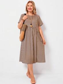 EMERY ROSE Plus Size Nữ Mùa Hè Kẻ Sọc Cổ Tròn Tay Ngắn Dài Lưng Búp Bê Chín Thanh Lịch Mẹ Áo Dài - màu nâu - Xem 4