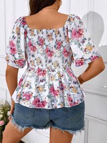 Flirla Plus Size Damski letni wakacyjny styl z kwiatowym nadrukiem, dekoltem w kształcie serca, falbanką z krótkim rękawem, elegancką koszulą