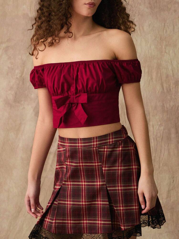 Summer New Off Shoulder Sweet College Style Top With Bowknot