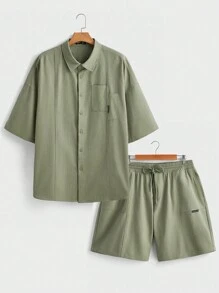 Manfinity VCAY Men Plus Size Woven Casual Short Sleeve Shirt And Shorts 2pcs Set