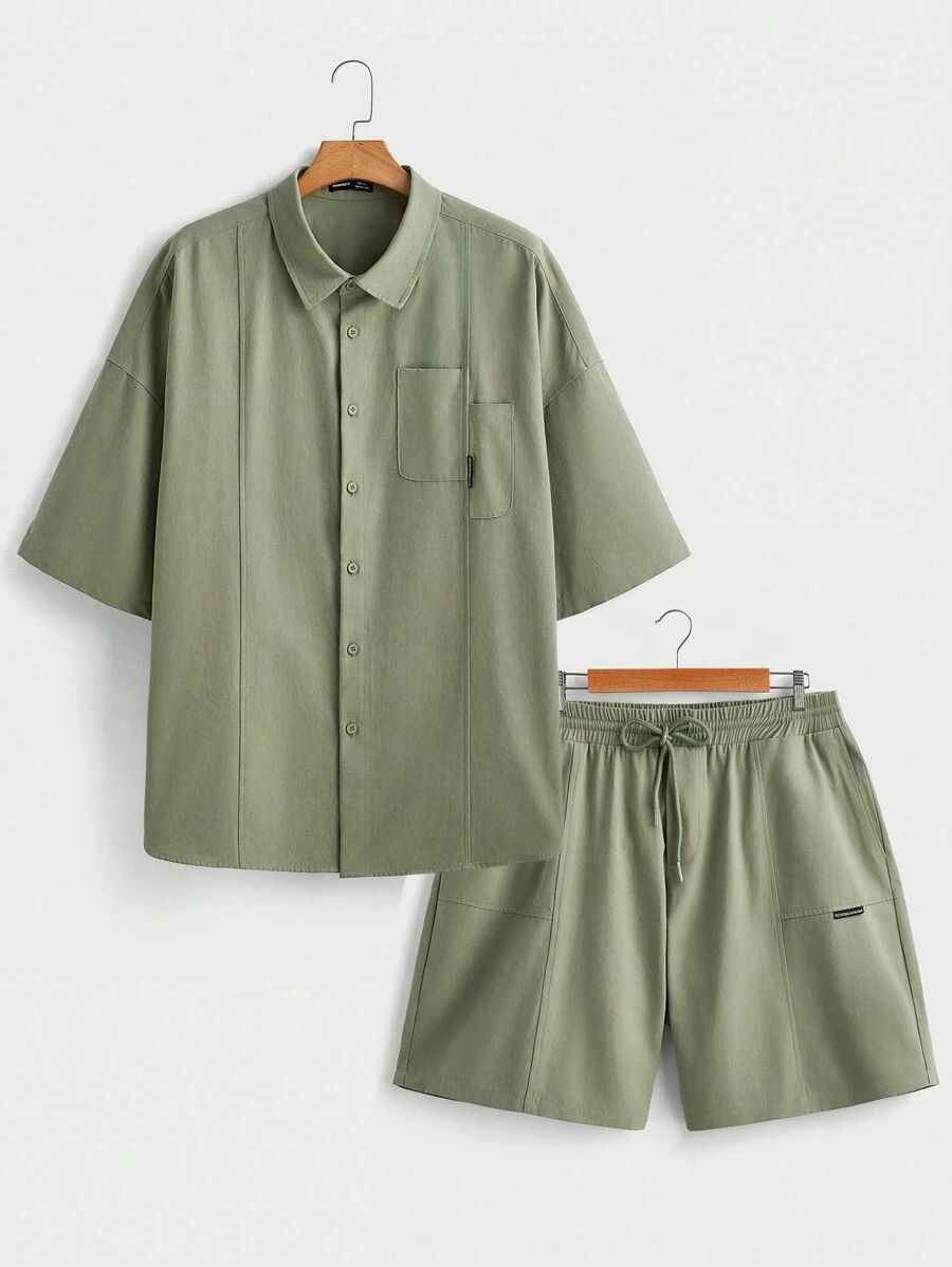 Manfinity VCAY Men Plus Size Woven Casual Short Sleeve Shirt And Shorts 2pcs Set