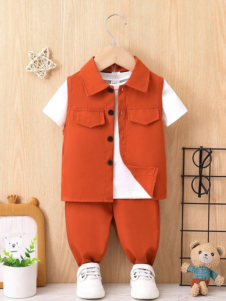 Baby Boy Summer Solid Color Vest With Fake Pocket, Round Neck Short Sleeve T-Shirt And Shorts Casual Outfits