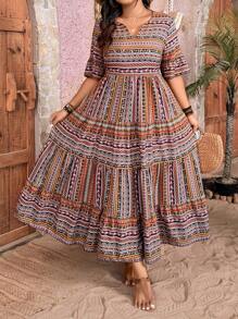 Breezaya Plus Size Women Vacation Bohemian Floral V-Neck Long Elegant Flare Sleeve Dress With Notched Neckline, For Christmas Maxi Women Outfit