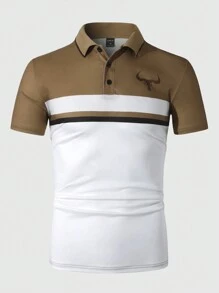 Manfinity Homme Camisa polo casual de manga corta para hombre con bloque de color y parche estampado de vaca para verano - Marrón - Ver 2