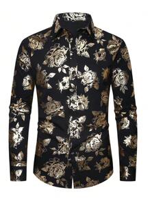 男士花卉印花长袖衬衫，秋季 - 黑色和金色 - 查看 3