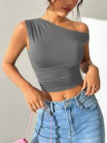 SHEIN EZwear Top corto de verano para mujer con cuello asimétrico, unicolor, pliegues y corte ajustado - Gris - Ver 6