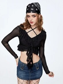 SHEINNeu Women's Y2K Black See-Through Mesh Top