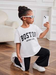 SHEIN Young Girl Knitted Solid Color Loose Letter Print Round Neck Casual T-Shirt And Knitted Color-Block Casual Loose Pants Two-Piece Set Kpop Outfit For Kidstrendy Outfit For Kidstrending Outfit For Young Girl